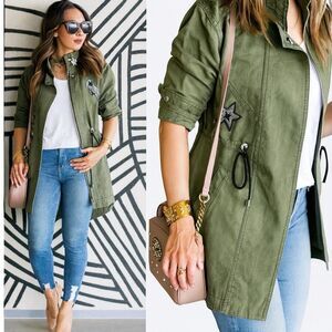 Cabi Utility Military Jacket Sequin Embellished Bird Star Patch Army Green Sz S